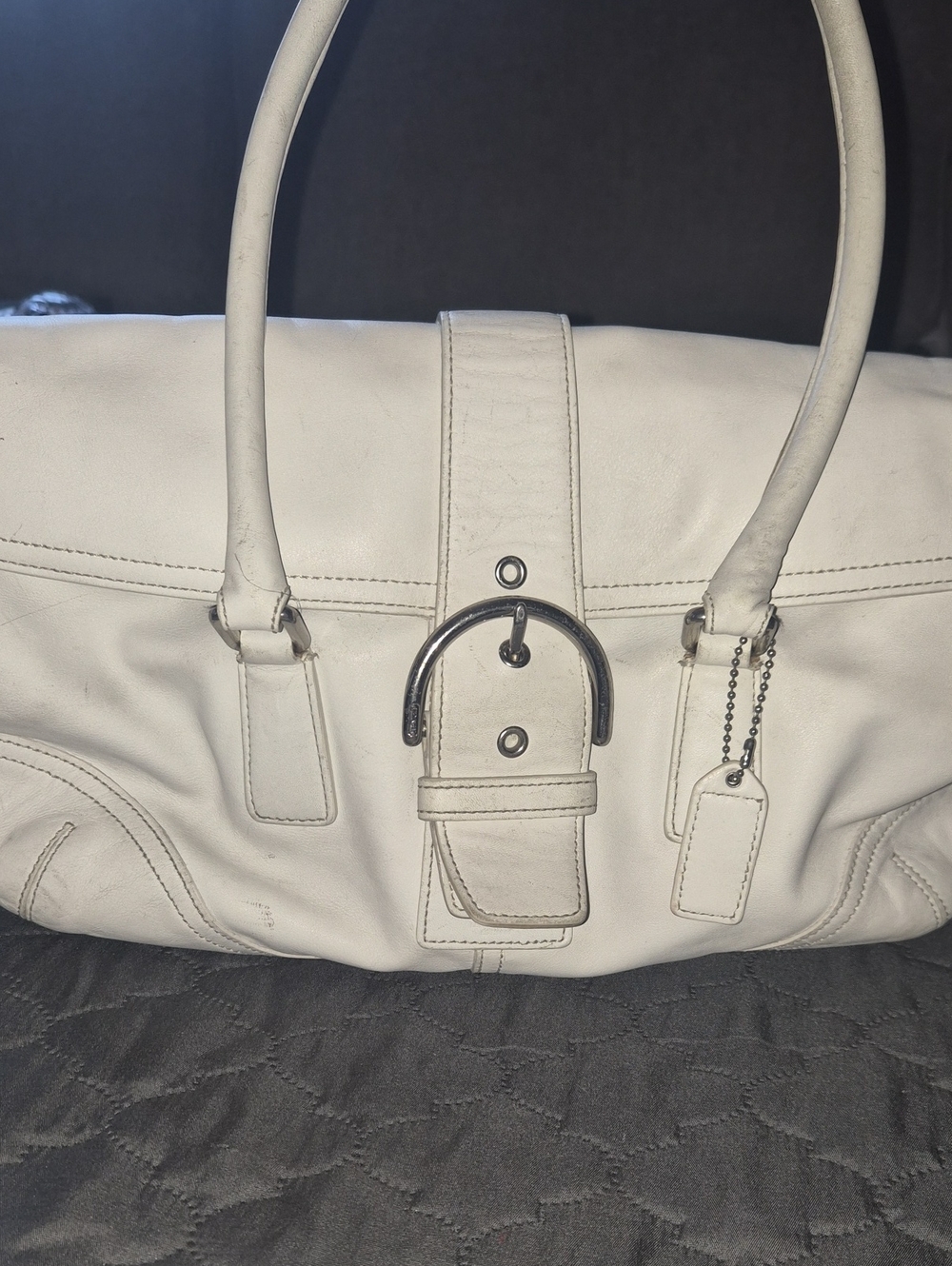 White Leather Buckle Satchel Handbag
